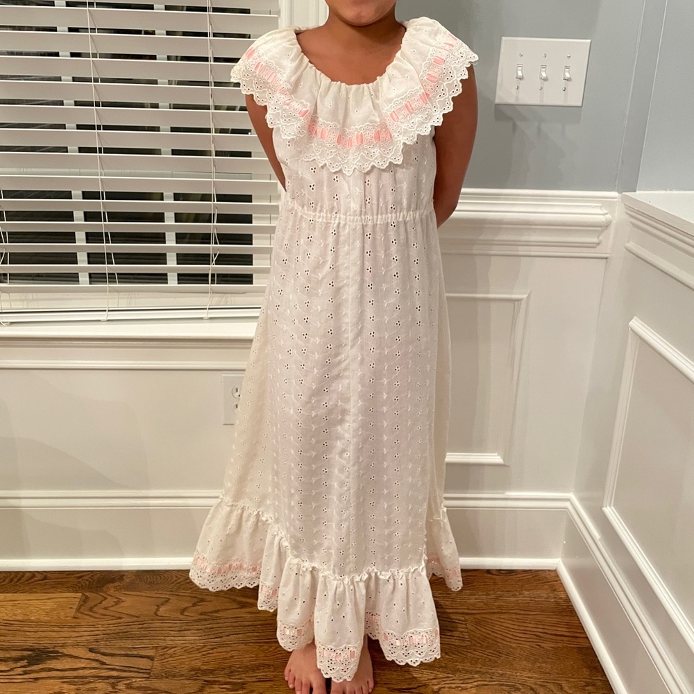 1970s handmade eyelet lace dress with pink ribbon